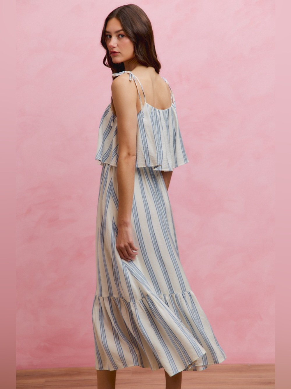 SO ME Stripe Tiered Shoulder Tie Midi Lined Dress - Picture 2 of 15